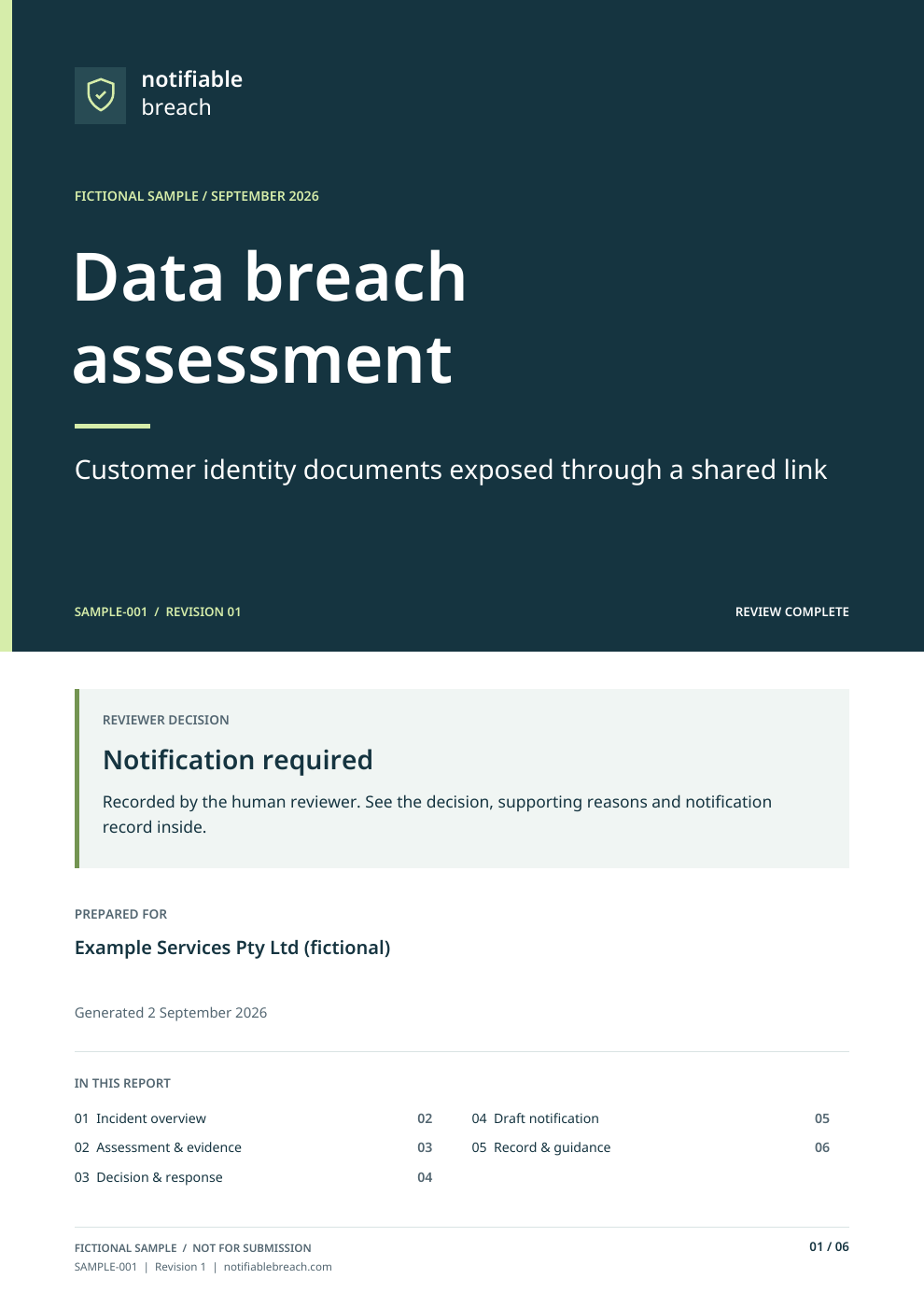 Cover of the sample assessment PDF
